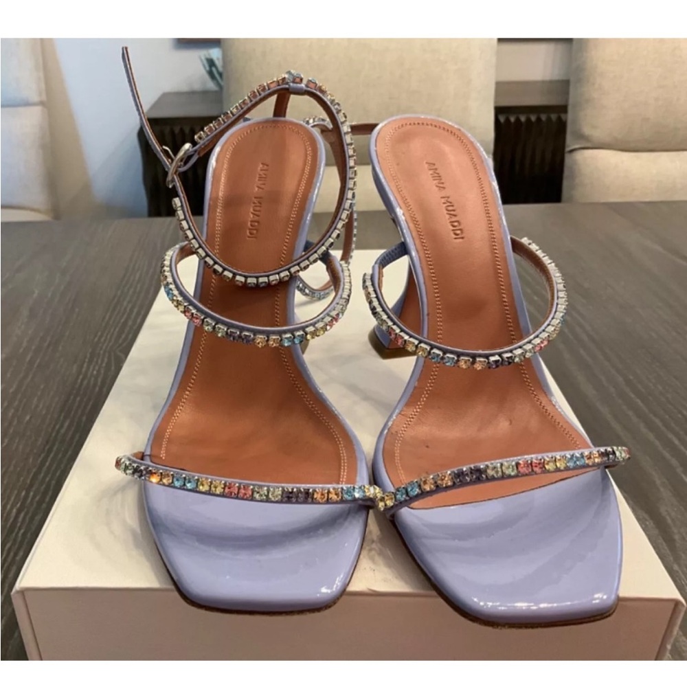 Amina Muaddi Lavender Patent Rhinestone Strap Heels